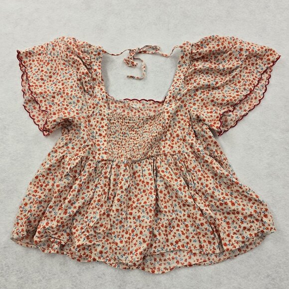 Old Navy Flutter Sleeve Floral Swing Blouse Size XXL Scalloped Tie Smocked Back - Picture 2 of 8